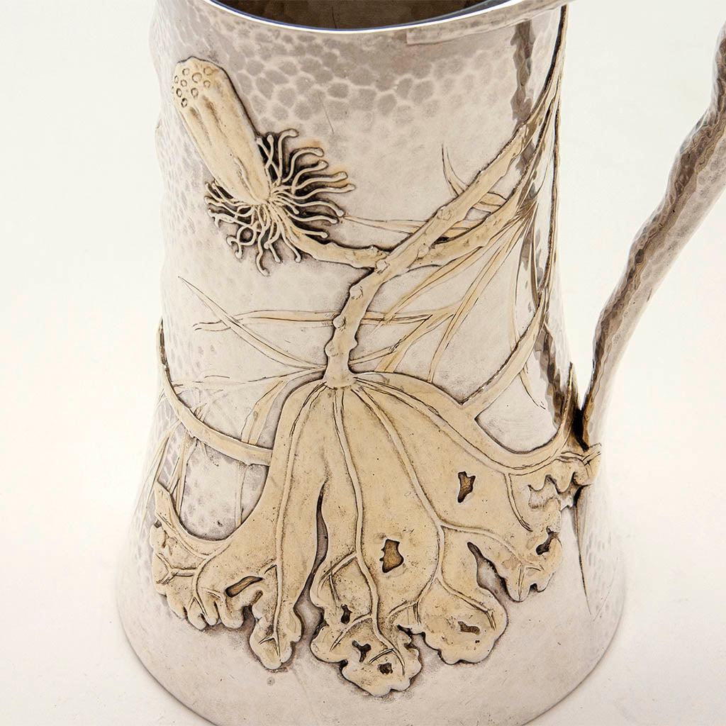 Closeup of Tiffany &amp; Co Antique Sterling Silver Aesthetic Movement Water Pitcher in the Japanese Taste, NYC, c. 1880
