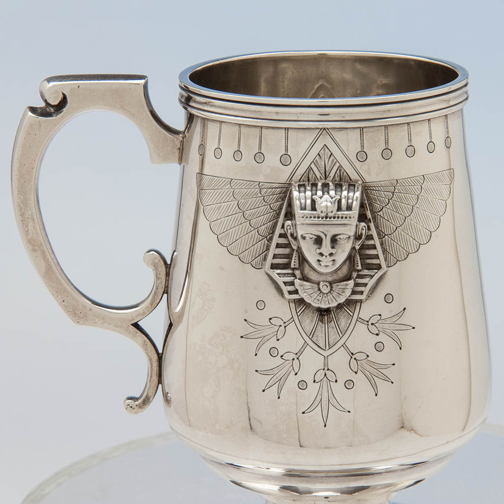 Detailed view of the American Antique Sterling Egyptian Revival Child&#39;s Cup, c. 1870&#39;s