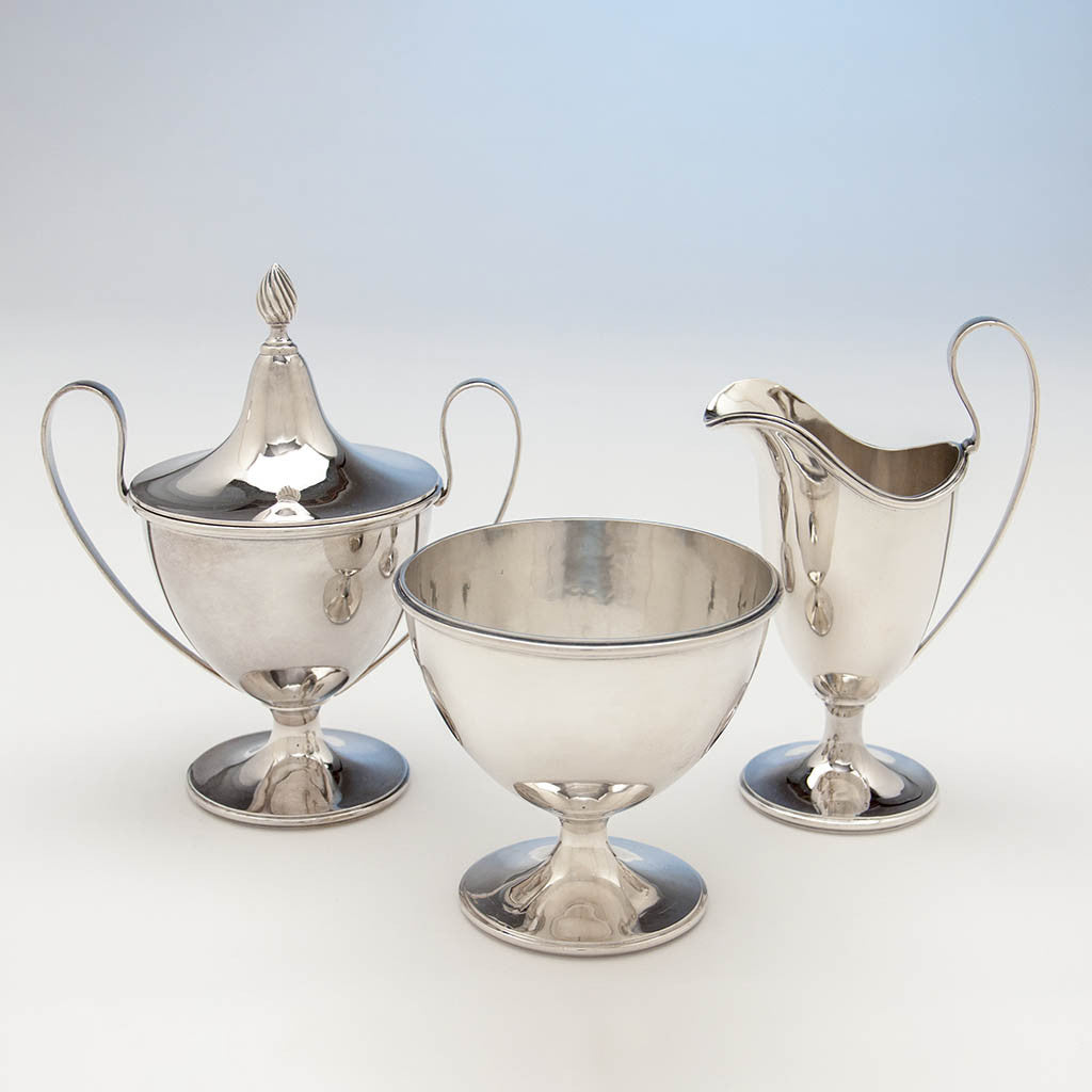 Sugar bowl, creamer and waste bowl of Gebelein Arts &amp; Crafts 5-piece Sterling Silver Tea Service, Boston, c. 1920