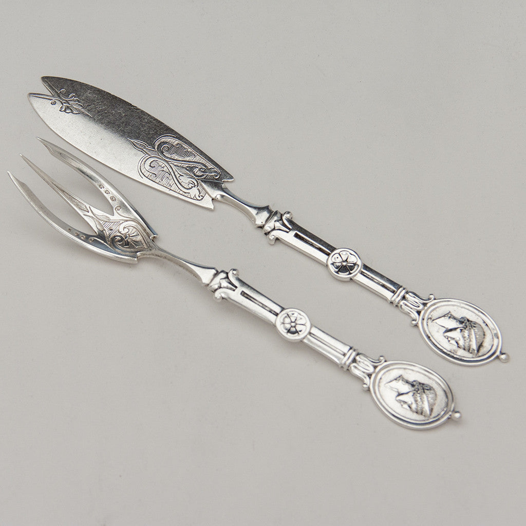 John R. Wendt &#39;Medallion&#39; Antique Sterling Silver Pickle Set, New York, retailed by J. E. Caldwell, Philadelphia. PA, c. 1865