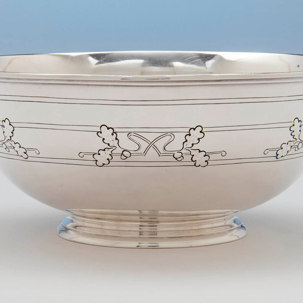 detail of Arthur Stone Arts &amp; Crafts Sterling Silver Acorn Decorated Bowl, Gardner, Massachusetts, 1920-36