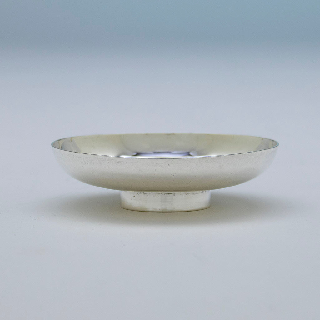 Side view of Arthur Stone Arts &amp; Crafts Sterling Decorated Dish, Gardner, MA, c. 1920s