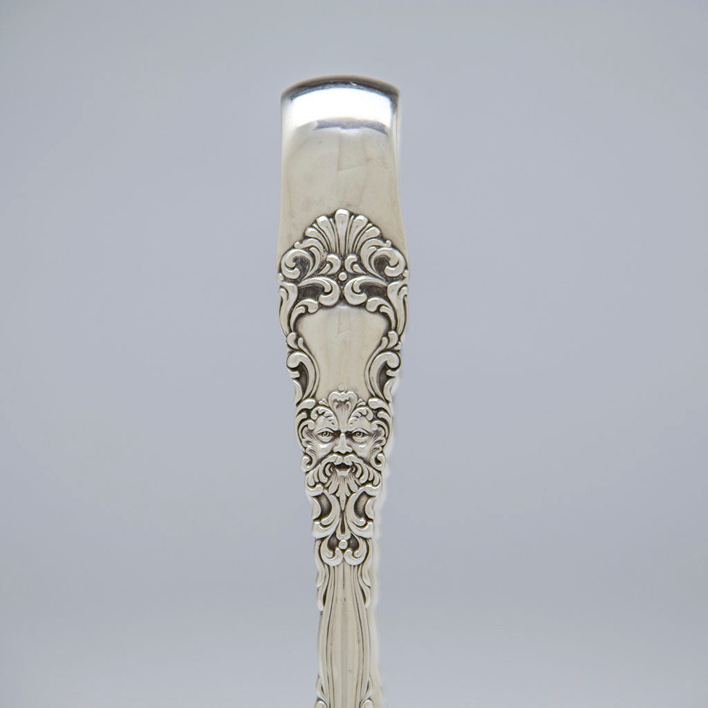 Pattern detail of Dominick &amp; Haff ‘Renaissance’ Sterling Silver Sandwich Tongs, NYC, NY, c. 1890s