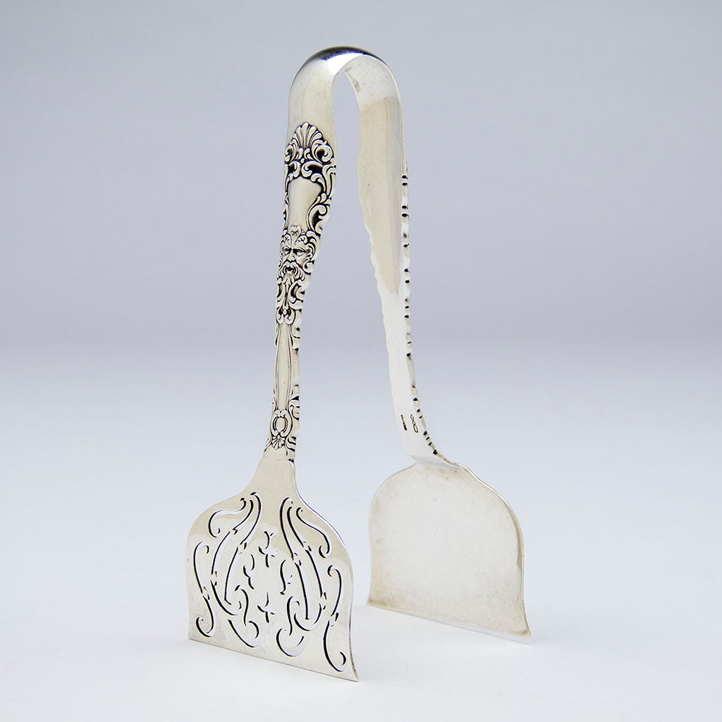 Standing angle of Dominick &amp; Haff ‘Renaissance’ Sterling Silver Sandwich Tongs, NYC, NY, c. 1890s