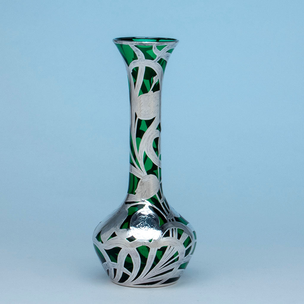 Alvin(attr) Art Nouveau Sterling Overlay Green Vase, c. 1900